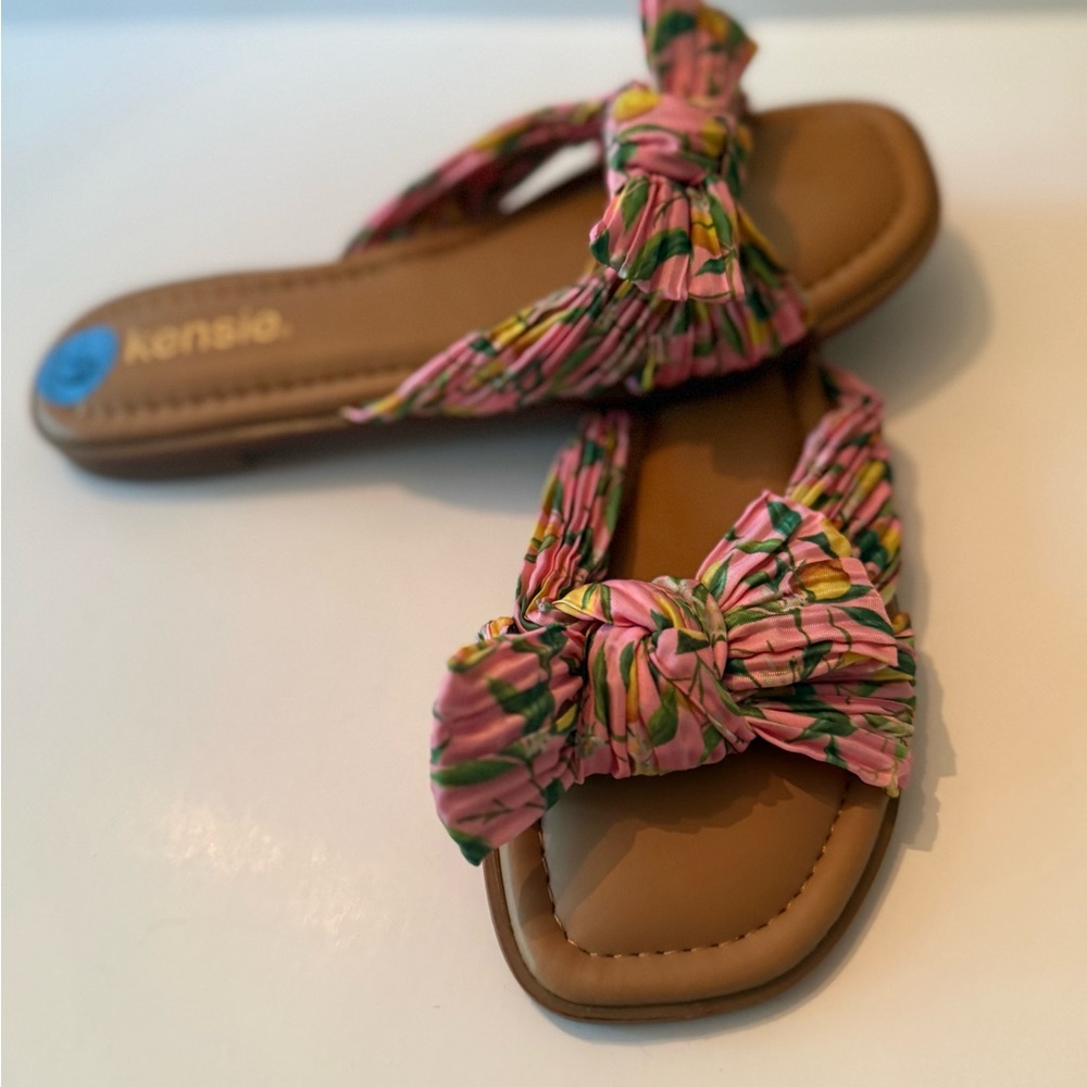 Kelsie Pink & Green Floral Knot Slide Sandals NEW Women’s 6.5